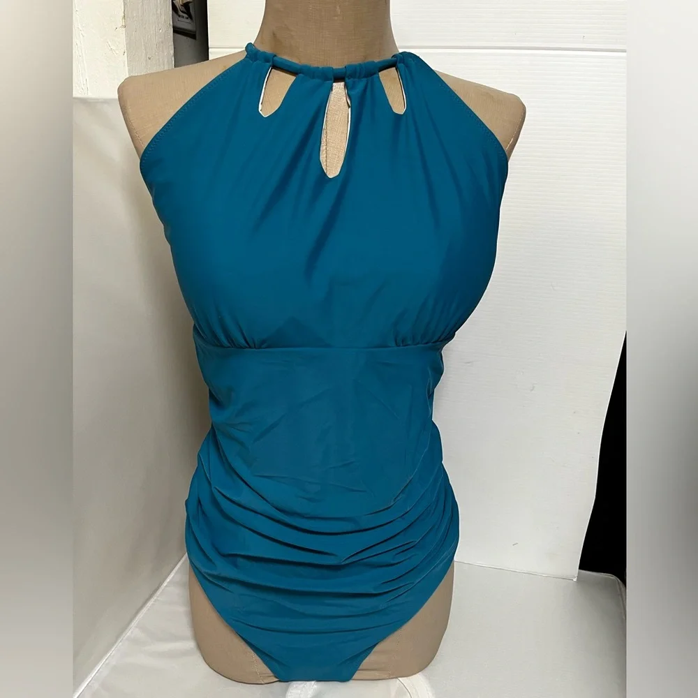 Teal Halter Neck Swimsuit - Picture 2 of 10